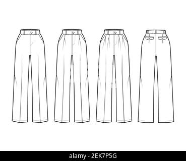 Pants cigarette technical fashion illustration with extended normal low  waist, high rise, full length, slant slashed pockets. Flat trousers apparel  template front back grey color. Women men CAD mockup Stock Vector Image