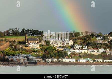 Rainbow over Gorey village, Saint Martin, bailiwick of Jersey, Channel Islands Stock Photo