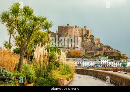 Mount Orgueil castle over the Gorey village, Saint Martin, bailiwick of Jersey, Channel Islands Stock Photo