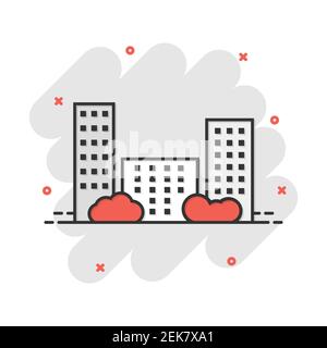 Cartoon city building icon in comic style. Town illustration pictogram. Apartment sign splash business concept. Stock Vector