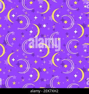 Colorful seamless pattern with yellow and white moon and stars on purple background Stock Vector