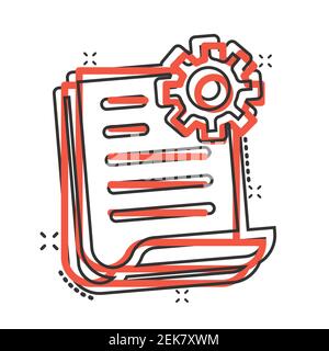 Document with gear icon in comic style. Big data processing cartoon vector illustration on white isolated background. Paper sheet software solution sp Stock Vector
