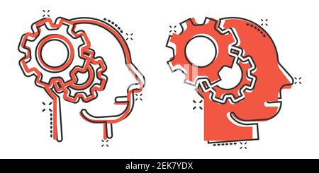 Human head with cogwheel icon in comic style. Technology progress cartoon vector illustration on white isolated background. Face and gear splash effec Stock Vector