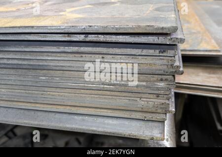 thick hot rolled steel sheets stack corner, close-up. Stock Photo