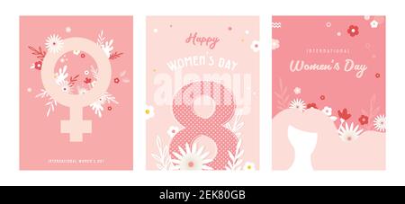 Collection of greeting card or postcard templates with flowers. Happy World Women's Day wish. Modern festive vector illustration for 8 March Stock Vector