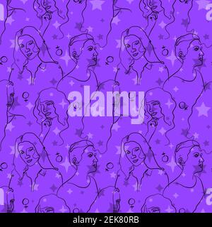 Seamless pattern with single line drawing of woman portrait with stars and planet venus sign. On violet background Stock Vector