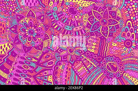 Flower ornament with patterns and leaves. Pastel and neon colors. Boho tribal surreal colorful background. Abstract trippy pattern. Psychedelic art Stock Vector