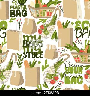 Textile and paper bags with botanics elements and eco slogans. Seamless pattern. Eco friendly life style background.  Zero waste shopping. Vector flat Stock Vector