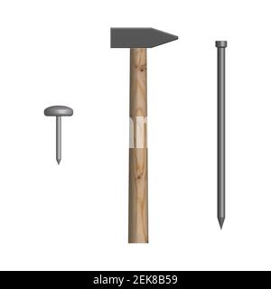 Hammer and nails isolated on white background. Elements design of the working tool and fasteners. Front view, vector illustration. Stock Vector