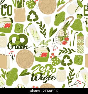 Eco friendly lifestyle. Seamless pattern with  reusable and recyclable objects and eco friendly motivation quote.  Layout design bestt for prints, ban Stock Vector