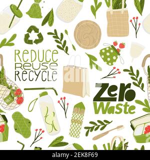 Eco friendly lifestyle. Seamless pattern with  reusable and recyclable objects and eco friendly motivation quote.  Layout design bestt for prints, ban Stock Vector