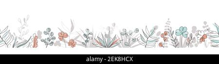 Floral seamless border in trendy continuous line drawing style and pastel colors. Plants and leaves frame background. Vector illustration Stock Vector