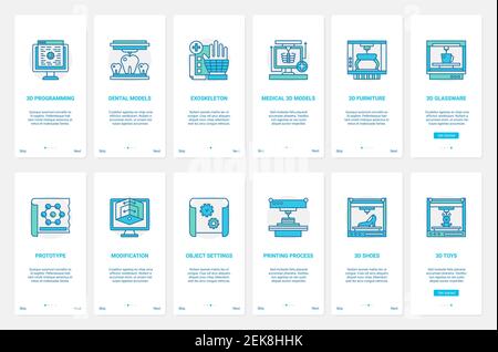 3d printing process and programming technology vector illustration. UX, UI onboarding mobile app page screen set with line modern engineering medical equipment, tech production of household items Stock Vector