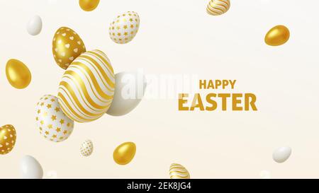 Realistic background Composition of 3D Easter eggs. Vector illustration Stock Vector
