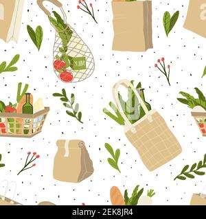 Textile and paper bags with botanics elements seamless pattern. Eco friendly life style background.  Zero waste shopping. Vector flat cartoons illustr Stock Vector