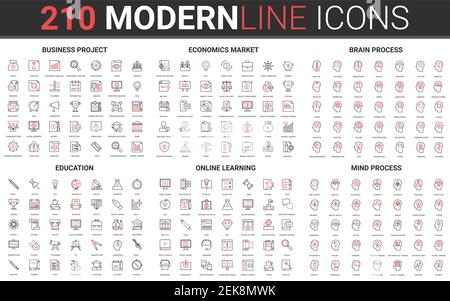 210 modern red black thin line icons set of education, online learning, mind process, business project, economics market, brain process collection vector illustration. Stock Vector