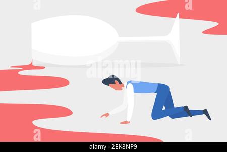 Addiction alcoholic drunkard people vector illustration. Cartoon drunken addict man character crawling hangover next to spilled alcohol wine from glass drink, alcoholism social problem background Stock Vector
