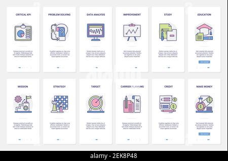 Successful business strategy to make money vector illustration. UX, UI onboarding mobile app page screen set with line target study business technology to solve problems, success in goal planning Stock Vector