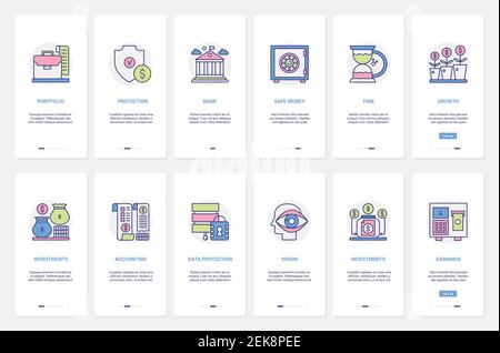 Banking finance and accounting vector illustration. UX, UI onboarding mobile app page screen set with line bank services to protect money investments, safe account financial technology outline symbols Stock Vector