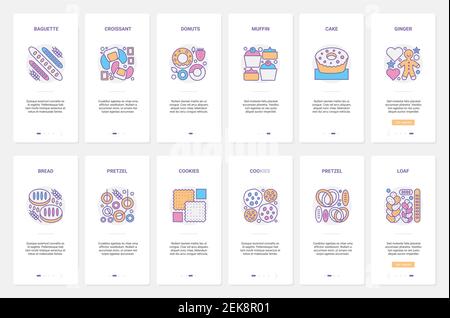 Bakery sweet dessert and bread vector illustration. UX, UI onboarding mobile app page screen set with line pastry products to bake in bakers shop, delicious sugar food to treat at birthday party Stock Vector