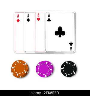 3D Casino chips and playing cards isolated on white background. Top view, vector illustration. Stock Vector