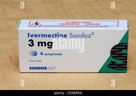 Box of Ivermectin (French packaging), antiparasitic drug and also a potential treatment of Covid-19 disease