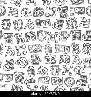 Cryptocurrency mining vector seamless pattern background with bitcoin, crypto money coins and digital wallet, block chain, mobile phone and exchange c Stock Vector