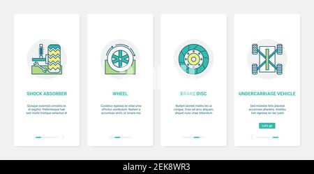 Car vehicle parts, automotive transport repair service vector illustration. UX, UI onboarding mobile app page screen set with line auto car shock absorber, automobile wheel and brake disc symbols Stock Vector