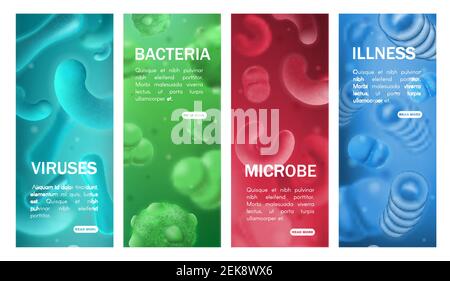 Viruses, bacterias, microbes and germs of infectious disease vector banners. 3d cells of harmful microorganisms and pathogens. Healthcare, microbiolog Stock Vector