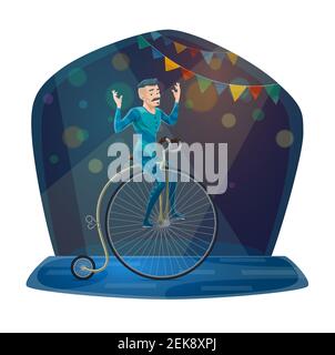 Circus acrobat balancing on vintage bicycle vector icon of carnival show or chapiteau performance design. Gymnast in blue costume riding retro bike or Stock Vector