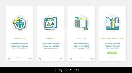 Car vehicle automotive parts, auto repair garage, shop or service center vector illustration. UX, UI onboarding mobile app page screen set with line automobile brake pads battery radiator chassis Stock Vector