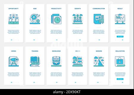 Business productivity, recruiting and education vector illustration. UX, UI onboarding mobile app page screen set with line leader employee recruitment, training technology for productive office work Stock Vector