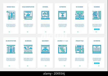 3d modeling design vector illustration. UX, UI onboarding mobile app page screen set with line machinery equipment and tools for designing, architecture project of machine model and outline details Stock Vector