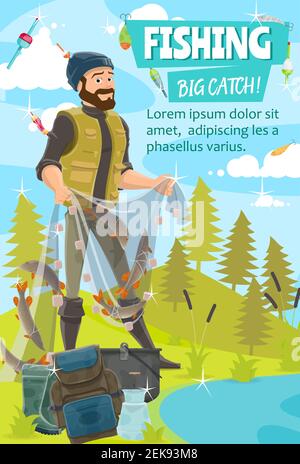 Fisherman catching fish with net vector design of fishing sport and outdoor hobbies. Fisher standing on bank of lake, river or pond with fishing net, Stock Vector