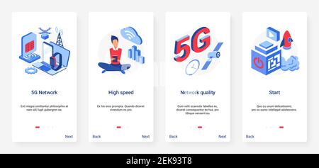 5g digital network technology vector illustration. UX, UI onboarding mobile app page screen set with global high quality speed internet broadband network, fast start of wireless connection like rocket Stock Vector