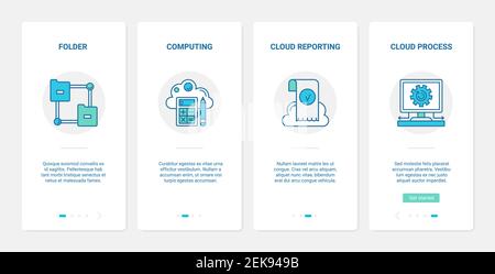 Cloud computing technology, remote access vector illustration. UX, UI onboarding mobile app page screen set with line sync folders and data documents, datacenter, computer and server storage symbols Stock Vector