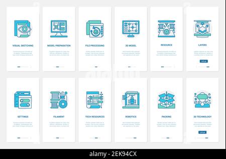 3d model file processing technology vector illustration. UX, UI onboarding mobile app page screen set with line robotic process of packaging, settings and visual preparation of tech resources Stock Vector