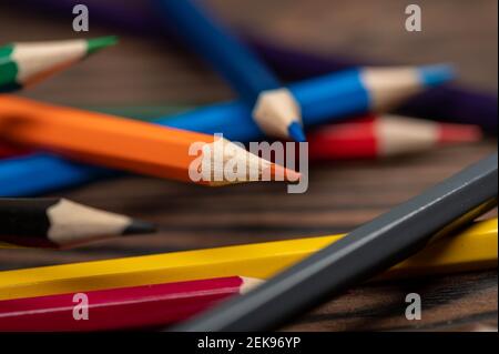 A few colored pencils. Close-up, selective focus Stock Photo