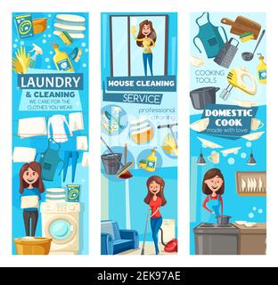 House cleaning, laundry and washing dishes vector banners of cleaning service. Women cleaners with vacuum, mop and broom, washing machine, sponge and Stock Vector