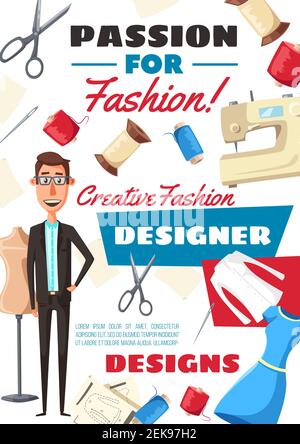 Fashion designer profession, atelier dressmaker tailor. Vector man with tailoring scissors, sewing machine or thread spool and needles, dummy dress ma Stock Vector