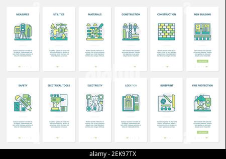 Construction technology vector illustration. UX, UI onboarding mobile app page screen set with line electricity and water supply, tools to construct and renovate buildings, security measures symbols Stock Vector