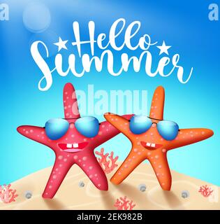 Summer starfish character vector banner design. Hello summer text with cute and friendly star fish tropical characters in beach sand background. Stock Vector