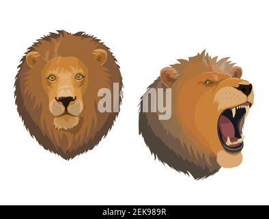 Lion, king of animal vector icon with head of roaring leo. Cartoon wild cat of african jungle with brown mane, open mouth and sharp teeth. Tattoo, zoo Stock Vector