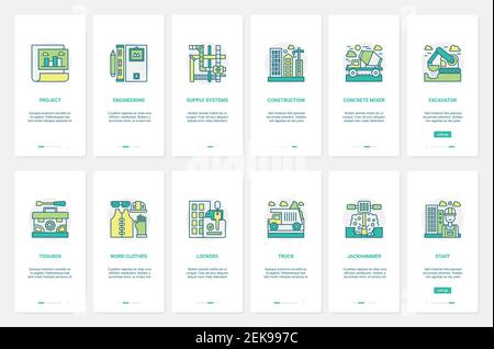 Construction equipment and tools vector illustration. UX, UI onboarding mobile app page screen set with line heavy machinery for building and engineering, toolbox and worker stuff clothes symbols Stock Vector