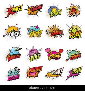 Comics speech bubbles vector design. Boom and bang sound effects, pow, crash and smash explosion clouds, oops, ouch and wtf exclamations, omg and wow Stock Vector