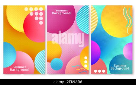 Summer background abstract vector poster set. Summer background text with colorful circle pattern element for graphic gradient festive design. Stock Vector