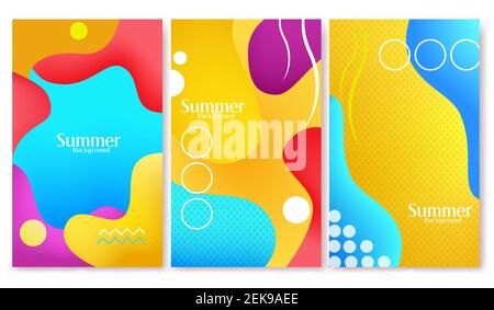 Summer abstract background vector poster set. Summer background text with colorful art water wave shape element for tropical season creative symbol. Stock Vector