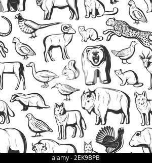 Animals and birds seamless pattern background. Vector African safari hunt cheetah and buffalo, wild beer, badger or fox and wolf, hunting fowl duck, p Stock Vector