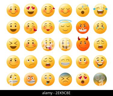 Smileys emoticon vector set. Smiley yellow emoji with happy, in love, sad and angry facial expressions and emotions for icon collection design. Stock Vector