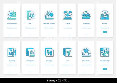 Business leader career realization vector illustration. UX, UI onboarding mobile app page screen set with line success leadership, positive thinking skill, planning training personal growth, work hard Stock Vector